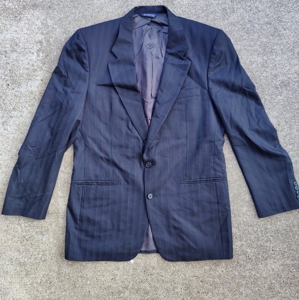 Burberry London Vintage Black Blue Pinstriped 2-Button Blazer Suit Jacket Men L